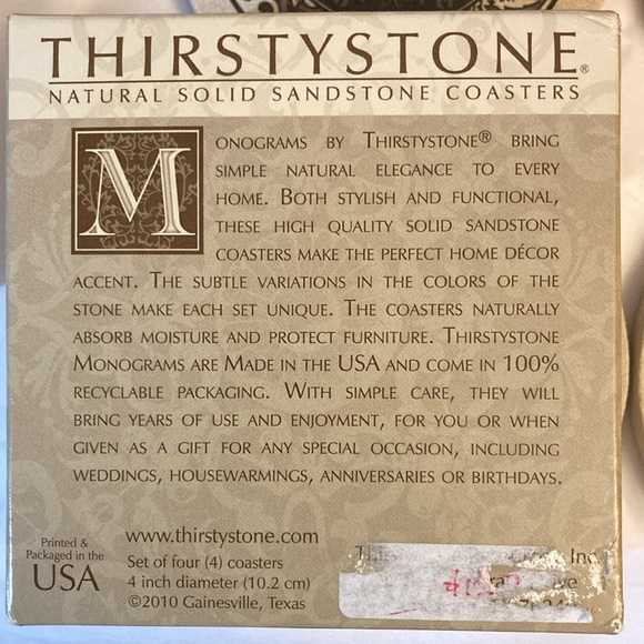 Set of 4 Thirstystone Monograms letter I Natural Solid Sandstone Coasters - Picture 4 of 5